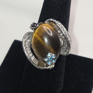 Yellow Tigers Eye, Blue & White Austrian Crystal Ring in Stainless Steel